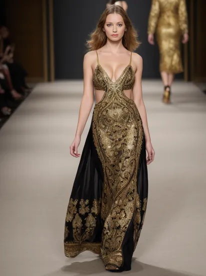 fashion photography of caucasian woman, solo, wearing intricate fabric long dress, walking on a catwalk, dress is colored in gold and black, cleavage