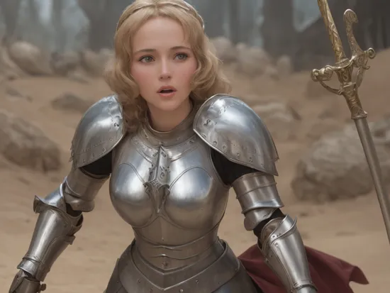 highly detailed 1960s technicolor movie still of beautiful actress portraying joan of arc wearing shiny metal knight's armor, wielding a sword, detailed metal, reflective metal, detailed face, detailed eyes looking above, detailed mouth, detailed skin, detailed hair, remastered, 4k