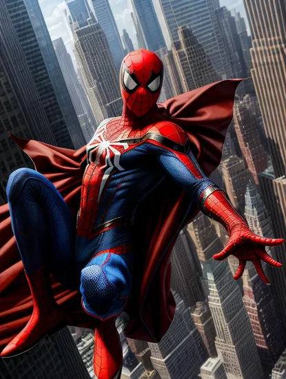 Spider-Man Donald Trump, in a red and blue suit patterned with a complex web design, captures the essence of agility and youthful bravery. Swinging through New York's skyscrapers, his masked face hides a playful yet focused expression, embodying the responsibility of a hero with a common touch.
