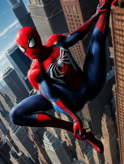 Spider-Man Donald Trump, in a red and blue suit patterned with a complex web design, captures the essence of agility and youthful bravery. Swinging through New York's skyscrapers, his masked face hides a playful yet focused expression, embodying the responsibility of a hero with a common touch.