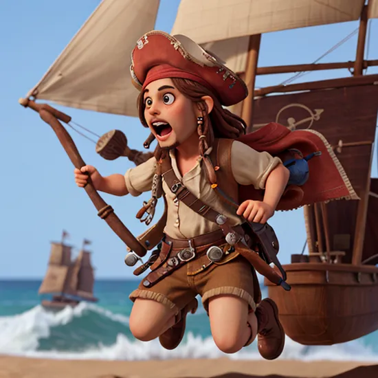 Jack Sparrow running like a child  , very realistic, ultra detailed, 8k, cinematic shot,