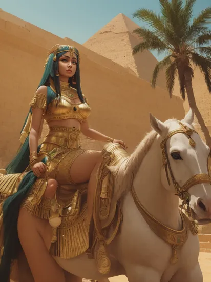 perfect cinematic shoot of cleopatra queen against the backdrop of the Egyptian pyramids and oasis with green palms