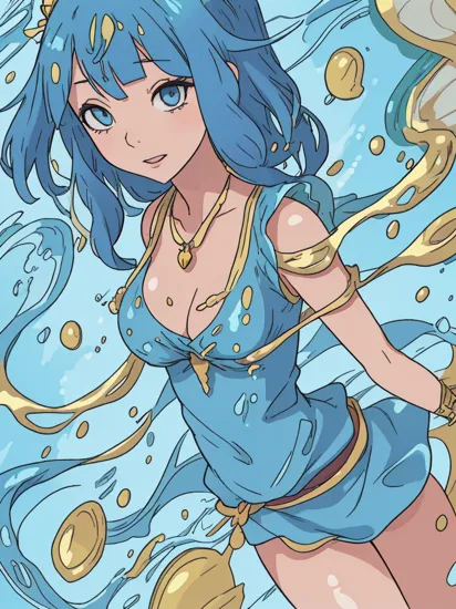 The Portrait of Cleopatra, Anime Fantasy Illustration by Tomoyuki Yamasaki, Kyoto Studio, Madhouse, Ufotable, trending on artstation, gold jewelry, necklace, gems,
slime over legs arms and torso, swim suit is part of skin, blue skin, scales, blue, slime swim suit, slime, covered in slime, slime hair, translucent slime sash over shoulders