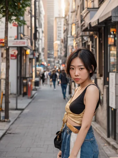 photo of loveyu_ju, amidst a bustling city, upper body framing, in a street photography setting, golden hour lighting:1.3), shot at eye level, on a Fujifilm X-T4 with a 50mm lens, 