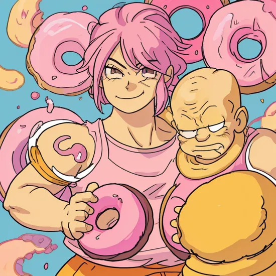 dbz style, homer simpson holding a pink donut, fat, closed smile, highly detailed