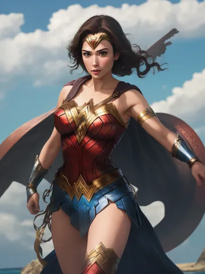 (Wonder Woman), (((solo))), Perfect and very beautiful face, Black Eyes, magnificent sky sunshine background with farway ocean island, dramatic, gorgeous, good anatomy, good proportions, hero pose, award winning, masterpiece, volumetric lighting, centered, (realistic photo),