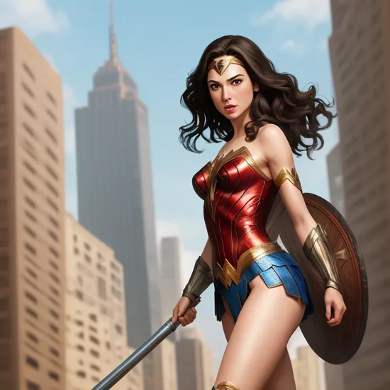 Gal Gadot as Wonder Woman, in the city, walking, upper body perspective, celshaded art style
