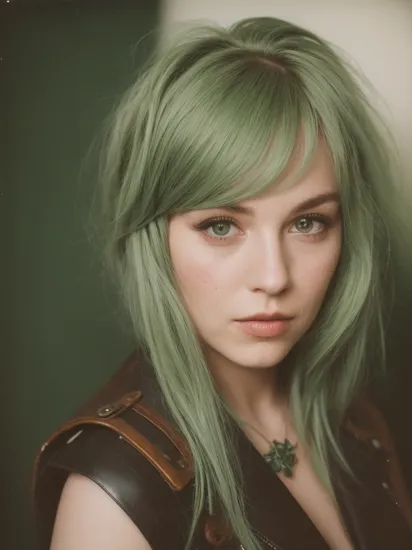 vintage polaroid analog portrait photography of woman with green hair wearing leather clothes, intricate detail, centered