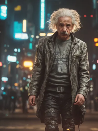 cinematic film still Albert Einstein, (reimagined in a cyberpunk universe), (cyberpunk style), (cyberpunk), (cyberpunk outfit), (punk hair), (augmentation), cybernetics, glowing neon lights, cinematic scene, hero view, action pose, beautiful 8k, detailed background, masterpiece, best quality, high quality, absurdres, vivid.. shallow depth of field, vignette, highly detailed, high budget Hollywood movie, bokeh, cinemascope, moody, epic, gorgeous, film grain, grainy