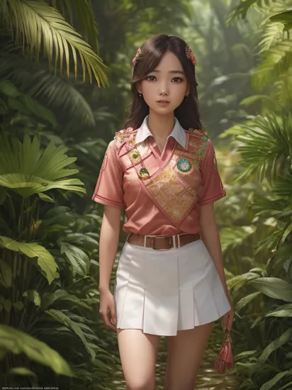 fashion photography portrait of gorgeous girl, wearing (thai_girlscout_uniform:1.2) , walking though lush jungle with flowers and birds, 3d render, cgi, symetrical, octane render, 35mm, bokeh, 9:16, (intricate details:1.12), hdr, (intricate details, hyperdetailed:1.15), (natural skin texture, hyperrealism, soft light, sharp:1.2)

,<lora:epiNoiseoffset_v2:1>,<lora:THgirlscout_v6-000007:1>,