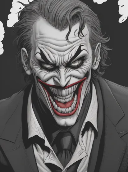 Joker illustrated in a black and white graphic novel style, drawing inspiration from Brian Bolland's artwork, featuring impeccable linework and shading, highlighting the character's menacing grin and powerful stance