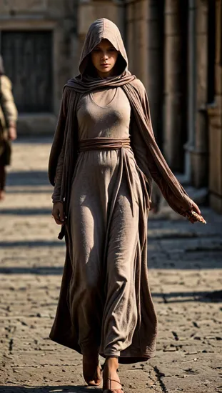 A serious and brave female jedi walking through a market in Tatooine, wearing a hooded robe, --ar 4:6 --v 6
