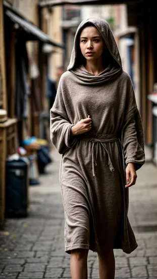 A serious and brave female jedi walking through a market in Tatooine, wearing a hooded robe, --ar 4:6 --v 6

