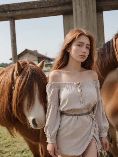 gritty raw street photography, 21 year old woman, (Chestnut hair, long one side up), Off-the-Shoulder Blouse, fundoshi, looking at the viewer,  at streets of ((Peaceful meadows with grazing horses)), (hyperrealism:1.2), (8K UHD:1.2),  Sony A7III, soft diffused lighting, 