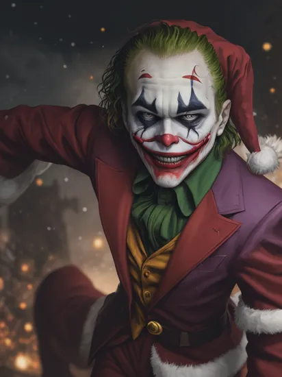 Cinematic Shot of a {retro pulp hero, epic action fantasy, (The Joker made as Santa:1.36), red glowing eyes, action pose, comic s, caricature facial expressions, dull colours, realistic shading, monolithic}, sharper, clean lines, outline, muted colors, minimum details, minimal detalled