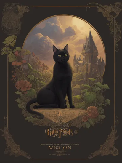 An art nouveau print with lineart and mainly sepia color. A black cat with large green eyes is in the foreground. The surrounding decorations contains green plants, a triforce symbol, Harry Potter references, and pride flags. In the clouds in the background it is written "I am Lord Fluffbottom, detailed matte painting, deep color, fantastical, intricate detail, splash screen, complementary colors, fantasy concept art, 8k resolution trending on Artstation Unreal Engine 5