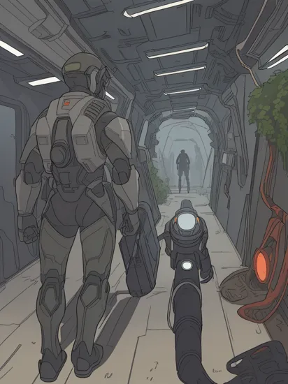 window overlooking the void of space, BREAK,
small planet in the distance, BREAK,
soldier in a wide stance looking up, back turned to the camera, futuristic, cybernetic, machine, steam, halo, master chief, visor, (overgrown environment: 1.3) space station hallway, cryengine, unreal, medium shot, perfect composition, 200mm lens      BREAK
long hallway, space station, haze, steam, red emergency lighting 