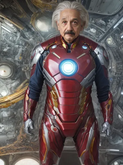 Albert Einstein in ironman suit, sit meditate in futuristic science room, hyper detailed, real skin, colorful, reflect material