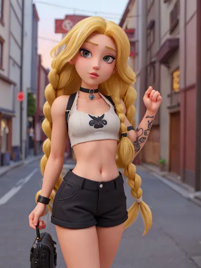 Rapunzel with tattoos in streetstyle clothes, with super long blonde braids and half opened hair, ultra realistic, 8k, withe crop top, no 
squint, a black choker, black hotpants; background ultrarealistic glowy neon streetart in japan