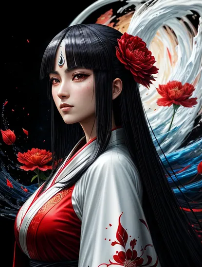 [red color, splash art, a close up liquid luminous moon ((Unohana from bleach wearing white captain kimono )) made of colors, silver, red, black red, light blue, liquid red dark peony flowers, filigree, filigree detailed, swirling blood flames, Galaxy, color drops, color waves, moonlight, splash style of soft blue paint, hyperdetailed intricately detailed, unreal engine, fantastical, intricate detail, splash screen, complementary colors, concept art, 8k resolution, masterpiece, oil painting, heavy strokes, paint dripping, splash arts, fantasy art, concept art, centered composition perfect composition, centered, intricated pose, intricated], (full body:0. 8), <lora:Hyo-Ju:1>
