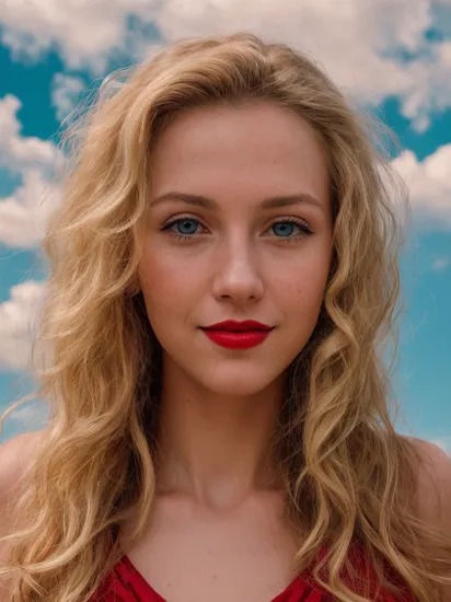 (best quality, masterpiece, award winning), analog photo of a curly long blonde hair, skinny slim cute smiling  young woman, posing for image on outdoor in city, (full red lips),(sun rays,sky clouds hdr:1.2), High Detail, Sharp focus, photorealism, realistic, dramatic lighting, epic,cinematic, RAW photo, (high detailed skin:1.2), 8k uhd, dslr, soft lighting, high quality, film grain, Fujifilm XT3, , (composition centering, conceptual photography), in the style of intimacy, dreamscape portraiture,  solarization, shiny kitsch pop art, solarization effect, reflections and mirroring, photobash