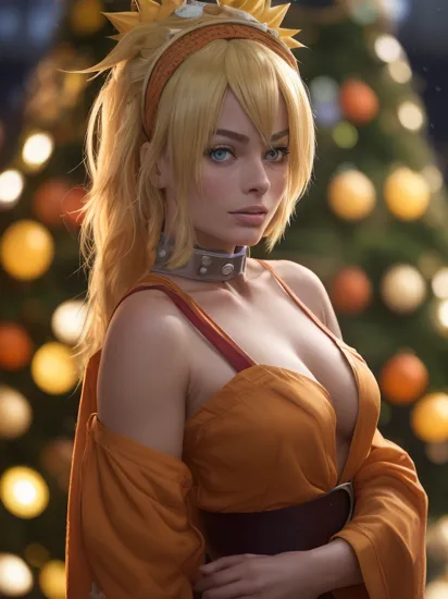 cinematic photo , <lora:quiron_Chritsmas_v1_lora:0.77> ChristmasQuiron style, Christmas, Christmas tree, Christmas decorations,  Christmas style, Christmas spirit, best quality, ultra detailed, 8k, mysterious, (Margot robbie as) as  Naruto Uzumaki (Naruto): The spiky blond hair, orange jumpsuit, and headband make Naruto a recognizable and beloved character in the cosplay community., . 35mm photograph, film, bokeh, professional, 4k, highly detailed