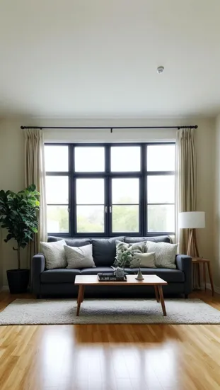 Create an image of a modern, minimalist living room. The room should feature a comfortable sofa, a coffee table, and a few scattered cushions. The walls are plain with a soft, neutral color, and there is a large window allowing natural light to flood the space. Apply a slight blur effect to the entire image to keep the focus soft and ensure the space feels real and lived-in. Include a visible caption area at the bottom third of the image, ensuring it is clear and easy to read against the background. 