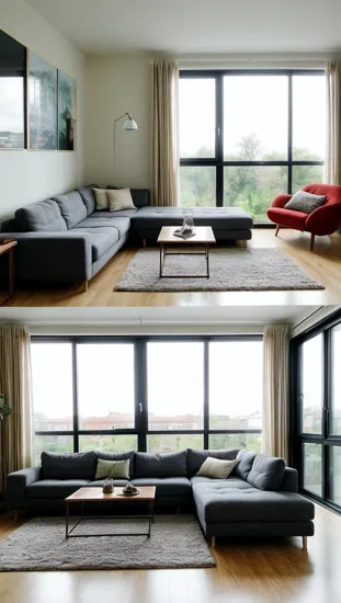 Create an image of a modern, minimalist living room. The room should feature a comfortable sofa, a coffee table, and a few scattered cushions. The walls are plain with a soft, neutral color, and there is a large window allowing natural light to flood the space. Apply a slight blur effect to the entire image to keep the focus soft and ensure the space feels real and lived-in. Include a visible caption area at the bottom third of the image, ensuring it is clear and easy to read against the background. 