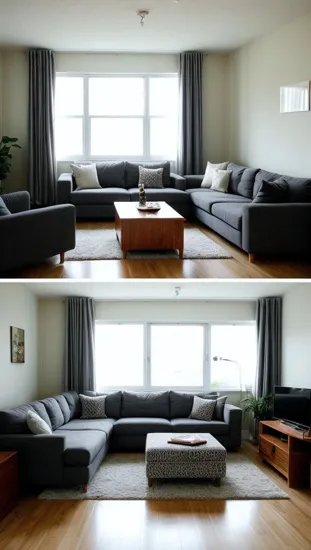 Create an image of a modern, minimalist living room. The room should feature a comfortable sofa, a coffee table, and a few scattered cushions. The walls are plain with a soft, neutral color, and there is a large window allowing natural light to flood the space. Apply a slight blur effect to the entire image to keep the focus soft and ensure the space feels real and lived-in. Include a visible caption area at the bottom third of the image, ensuring it is clear and easy to read against the background. 