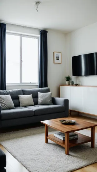 Create an image of a modern, minimalist living room. The room should feature a comfortable sofa, a coffee table, and a few scattered cushions. The walls are plain with a soft, neutral color, and there is a large window allowing natural light to flood the space. Apply a slight blur effect to the entire image to keep the focus soft and ensure the space feels real and lived-in. Include a visible caption area at the bottom third of the image, ensuring it is clear and easy to read against the background. 