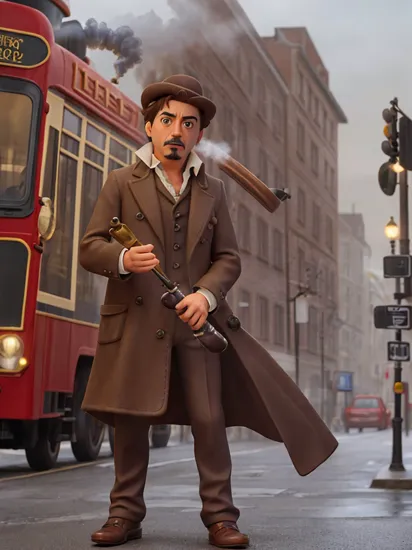 (Robert Downey Jr:1.1) as Sherlock Holmes style detective outfit, Inverness coat, deerstalker hat, a Pembroke Welsh Corgi face detective man is standing on the street in a 19th century London down town, Tobacco pipe, long nose, (steam fog:1.23),