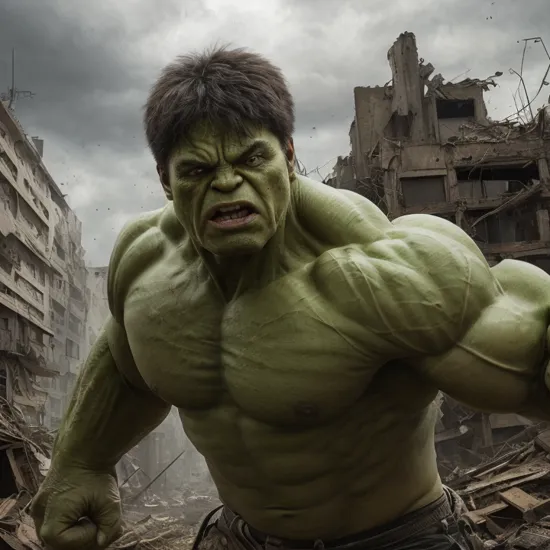 hulk, realistic and detailed portrait, focused and determined expression, upper body, streets, destruction, ruins, day, apocalyptic atmosphere, intricate details, masterpiece, absurdres, best quality, photorealistic 