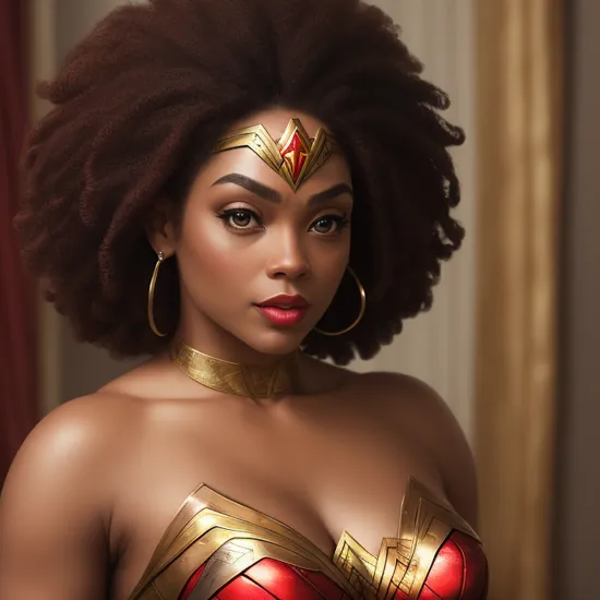 professional photography of JillScott, with make up and lipstick, Afro, wearing the (wonder woman) costume, movie still, highly detailed and intricate
