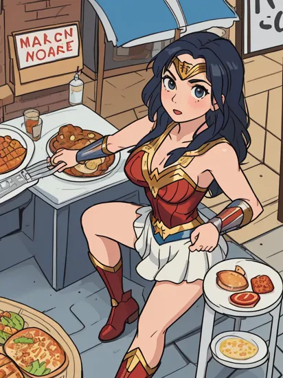 fan photograph of wonder woman seasoning her food at a public cookout,   saltbaememe, sunglasses