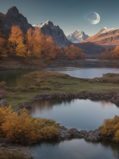 photo RAW,(autumn,mountains and a lake with a moon in the sky, 4k highly detailed digital art, 4 k hd wallpaper very detailed, impressive fantasy landscape, sci-fi fantasy desktop wallpaper, unreal engine 4k wallpaper, 4k detailed digital art, sci-fi fantasy wallpaper, epic dreamlike fantasy landscape, 4k hd matte digital painting, 8k stunning artwork,Realistic, realism, hd, 35mm photograph, 8k), masterpiece, award winning photography, natural light, perfect composition, high detail, hyper realistic, (composition centering, conceptual photography)