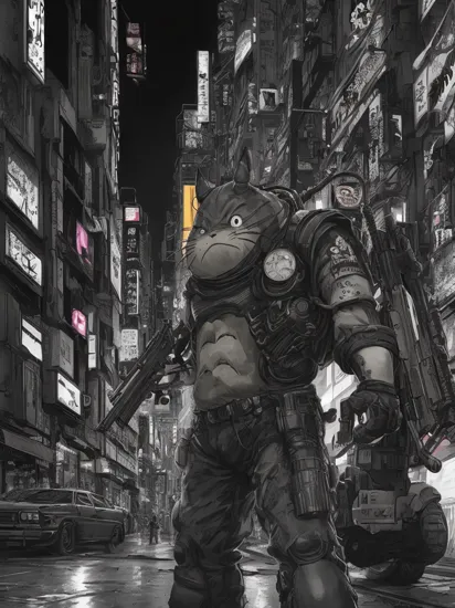 Manga Art, Totoro as the Terminator, holding a shotgun, cyberpunk 2077 cityscapes, black and white drawing