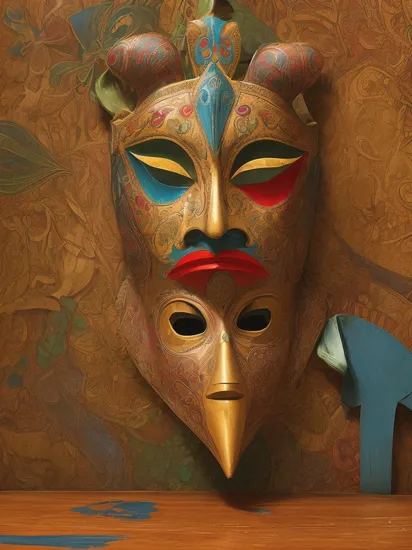 (Colorful elaborately enameled and hand painted Mask made of [wood | stone | clay | metal | glass] on table)(50 years to create)(hand made treasure)(deeper esoteric metaphysical meaning)(Architectural Digest photo spotlight)(metaphorical analysis in wallpaper behind mask)
 epiC35mm
  
 


  Dramatic lighting
 