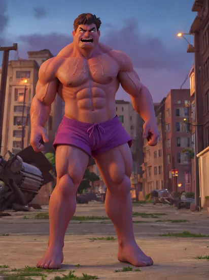 fox hulk, solo, purple shorts, standing, nude, tall, angry, rampage, destruction, streets, night, upper body, detailed, intricate details, masterpiece, absurdres, best quality 