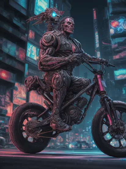 biomechanical cyberpunk arnold as the terminator t800 riding a mini bmx, night city, neon lights, explosion, bubblegum, glitterbomb, glitter, discoball,, . cybernetics, human-machine fusion, dystopian, organic meets artificial, dark, intricate, highly detailed