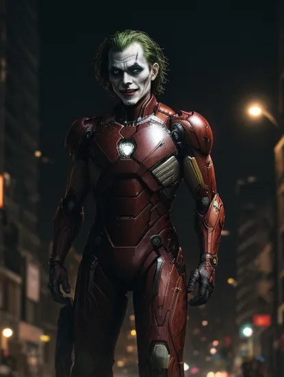 The Joker from the Batman series wearing futuristic sci-fi armor in the middle of a street in a destroyed and fiery city at night.
(ironman1.2), (fire:1.4), debris, macabre smile, poor quality photo, casual, green hair