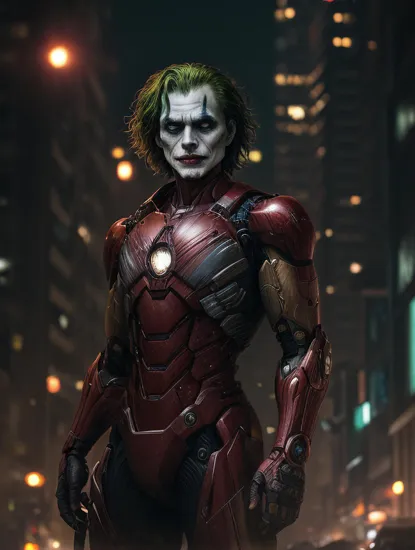 The Joker from the Batman series wearing futuristic sci-fi armor in the middle of a street in a destroyed and fiery city at night.
(ironman1.2), (fire:1.4), debris, macabre smile, poor quality photo, casual, green hair