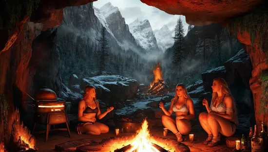 @Laura cave woman wearing animal skin fur panties, bra, & clothes. Living in a cave in the forest & mountains. A large bonfire in the back grilling meats with other women in the background cooking & nursing babies.