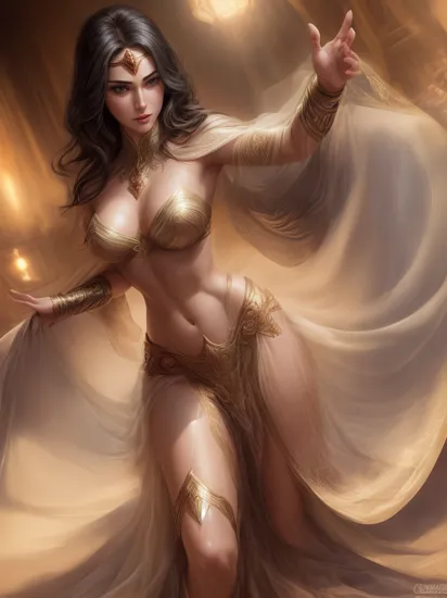 [Wonder Woman|Supergirl], with [black|blonde] hair, (dressed as a belly dancer concubine princess, wearing opulent body covered in long flowing billowing liquid detailed sheer translucent gown and robe), in a bouduoir, skinny athletic body, (leaning back) on bed, inviting, beckoning to camera, smirking, sexy, knee up, (detailed close up fingers),empty hands,harsh lighting warm lighting, luxurious, royal, professional comic book style, flat shading, dynamic upshot, thepit style, dramatic cinematic lighting, (foreshortened perspective:1), intricate artwork, detailed lines