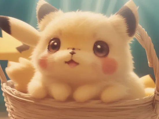 closeup on cute baby fluffy  pikachu in a basket , cinematic, screencap, high quality, light rays, sunrays