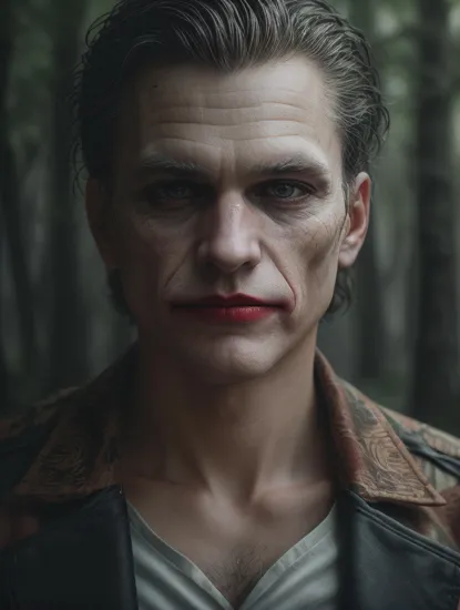 A powerful portrait of The Joker,  stunning quality, (standing in a forest), Canon EOS R, 50mm lens, prime lens, masterpiece, deep depth of field, sharp focus, (intricate textures:1.2), (dream-like atmosphere:1.2), high quality, 8k, stunning quality, (haze:1.3), (detailed haze:1.3)