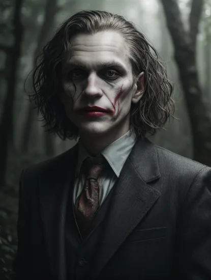 A powerful portrait of The Joker,  stunning quality, (standing in a forest), Canon EOS R, 50mm lens, prime lens, masterpiece, deep depth of field, sharp focus, (intricate textures:1.2), (dream-like atmosphere:1.2), high quality, 8k, stunning quality, (haze:1.3), (detailed haze:1.3)