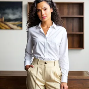 @wonder_woman, She's in a relaxed, white textured button-up shirt paired with high-waisted beige trousers, holding a coffee mug, in a homely, casual setting. A bright and airy art gallery with modern, minimalist decor, emphasizing elegance. Sports field, active poses, vibrant and energetic, casual style.