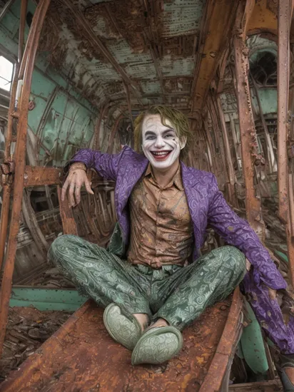((ultra intricate details, glossy, smooth, comic style, airbrushed)), (1man:1.5), ((body portrait, body shot)), (The Joker:1.1) laughing in an abandoned amusement park at night, (hysterics, evil eyes, terrifying anger, green hair:1.1), (purple suit:1.3), (dilapidated stalls, (rust:1.1), wrecked roller coaster:1.2), (rubbish, rubble:1.1)