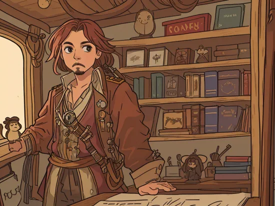 Captain Jack Sparrow standing in the Captains Quarters onboard the black pearl, a monkey on the bookshelf looking at the viewer