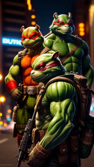 Teenage Mutant Ninja Turtles, professional portrait, hyper realistic, ultra detailed photograph, captured with a 85mm lens, f4. 6, bokeh, ultra detailed, ultra accurate detailed, bokeh lighting, surrealism, urban settin, ultra unreal engine, intricate, kitsch,